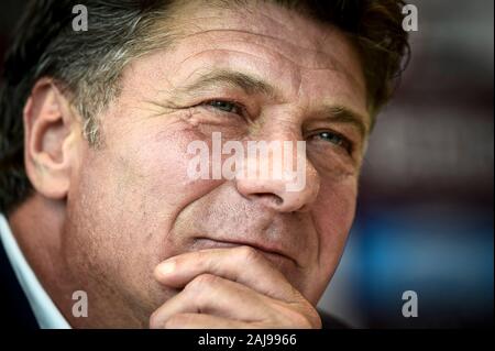 Torino, Italia. 21 Agosto 2019: Walter Mazzarri, allenatore di Torino FC, parla nel corso di una conferenza stampa alla vigilia di UEFA Europa League playoff round partita di calcio tra Torino FC e Wolverhampton Wanderers. Credito: Nicolò Campo/Alamy Live News Foto Stock