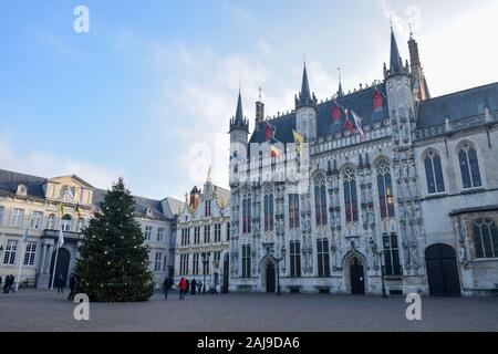 Municipio di Bruges a Natale Foto Stock