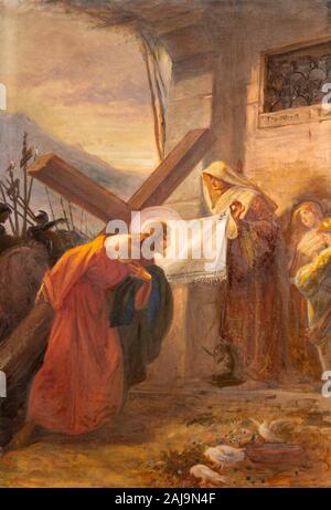 COMO, Italia - 8 Maggio 2015: La pittura - La Veronica asciuga il volto di Gesù (parte ot Via Crucis) nella Chiesa Santuario del Santissimo Crocifisso. Foto Stock