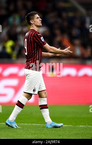 Milano, Italia. 21 Settembre 2019: Krzysztof Piatek di AC Milano reagisce durante la serie di una partita di calcio tra AC Milan e FC Internazionale. FC Internazionale ha vinto 2-0 su AC Milan. Credito: Nicolò Campo/Alamy Live News Foto Stock