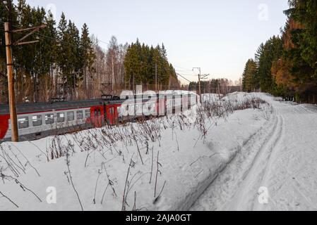 Il viaggio in treno. Il movimento del treno attraverso i boschi innevati. Inverno di strada nella foresta. Trasporto passeggeri. Treno turistico. Foto Stock