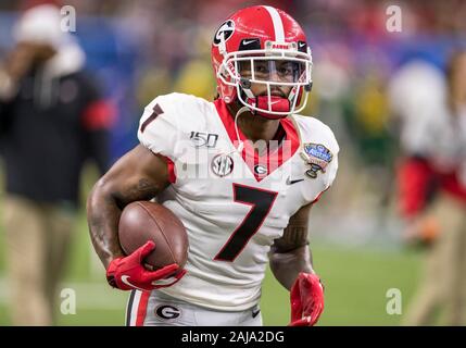 Gennaio 01, 2020: Georgia running back D'Andre Swift (7) durante il pregame di NCAA Football azione di gioco tra la Georgia Bulldogs e il Baylor porta al Mercedes-Benz Superdome di New Orleans, in Louisiana. La Georgia ha sconfitto il Baylor 26-14. John Mersits/CSM Foto Stock