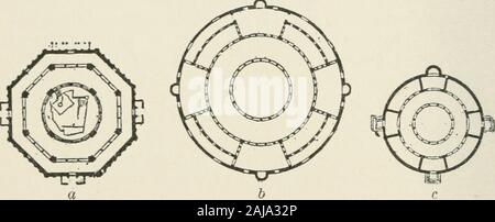 I monumenti della chiesa primitiva . ^ per sviluppare thestructural simbologia che era indicato da false archesand le colonne decorate le sale interne - vale a dire,per sostenere la cupola su pilastri reale, non lontano con la parete,e si limita a contrassegnare la sua posizione da file di colonne - e noi shouldhave sala centrale del SS. Sergio e Bacco. Un similarplan, ma con otto nicchie, darebbe il salone centrale ofS. Yitale (Fig. 47). Ciò che manca qui è però la sur-camera di arrotondamento o corridoio, che da solo potrebbe fornire qualsiasi sug-. FiG. 44.- i piani degli edifici di un, la Moschea di Omar, Gerusalemme. &, Foto Stock