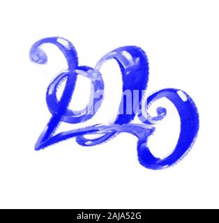 Nuovo anno 's data 2020 in colore viola. Numero isolato su sfondo bianco. I numeri ad acquerello, immagine dipinta. Nuovo anno 's due mila novecento. Foto Stock