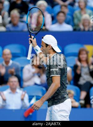 Il 3° gennaio 2020; RAC Arena, Perth, Western Australia; ATP Cup Australia Perth, giorno 1,Russia versus Italia; Stefano Travaglia dell Italia reagisce al suo colpo contro Karen Khachanov della Russia - uso editoriale Foto Stock