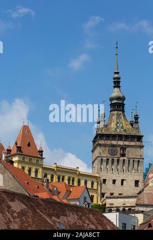 Clock Tower, Sighisoara, Sito Patrimonio Mondiale dell'UNESCO, Mures County, Transilvania Regione, Romania Foto Stock