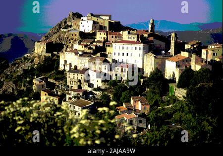 Il villaggio sulla collina di Speloncato in Corsica del Nord Foto Stock
