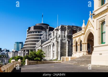 'L'Alveare' edificio governativo da Basil Spence e Fergus Sheppard, 1969-1979, la Casa del Parlamento e la biblioteca parlamentare, Wellington, Nuova Zelanda Foto Stock
