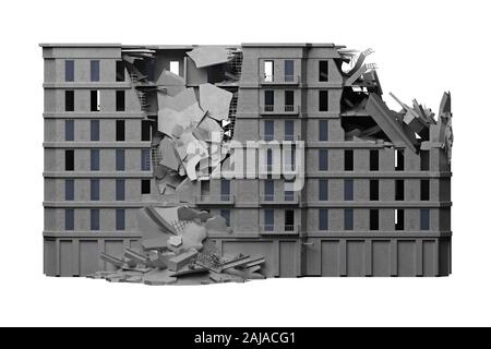 Distrutto edificio pubblico isolato su bianco. Il rendering 3D Foto Stock