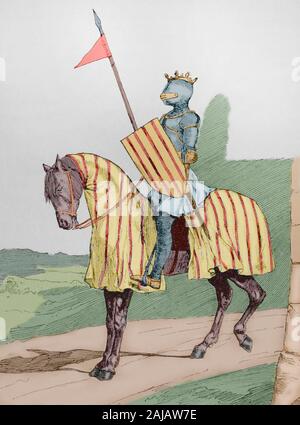 Alfonso III d'Aragona (1265-1291), chiamato il liberale o la libera. Re di Aragona e conte di Barcellona (come Alfons II) dal 1285. Incisione. Museo Militar, 1883. Colorazione successiva. Foto Stock