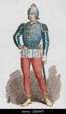 Soldato della Corona d'Aragona. Incisione. Museo Militar, 1883. Colorazione successiva. Foto Stock