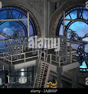 Laboratorio steampunk all'interno di un clock tower con vista a la notte blu Foto Stock