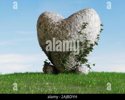 3D rendering di cuore roccioso parzialmente coperta da edera, permanente sulla collina erbosa contro il cielo blu Foto Stock