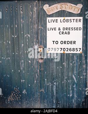 Aberystwyth Ceredigion Wales UK gennaio 03 2020: trasandato porta blu di un pescatore capannone [Boy Scott] Foto Stock