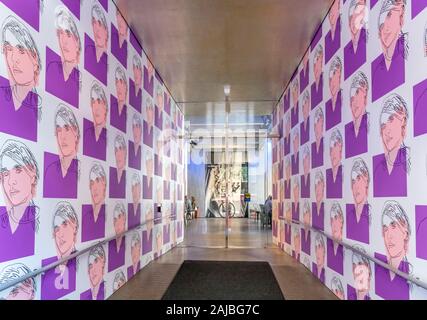 Ingresso di Andy Warhol Museum di Pittsburgh, Pennsylvania, USA. Le pareti sono decorate con Warhol's "Autoritratto 1978, serigrafia a colori su sfondo" Foto Stock