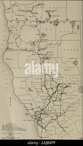 Pacific service magazine . Sospensione ponte sul fiume Klamath a Copco,utilizzati durante la costruzione di impianti. 246 Pacific Service Magazine. f&GT;AC/rTC GASA""fi£t:T^/&lt;r eraSeals /-.ftfr. Mappa del territorio coperto dal interconnessi a lunga distanza potenza elettrica transmissionsystems del California-Oregon, California settentrionale e la Pacific Gas e le società elettriche. Pacifico rivista di servizio 247 piante sul Rogue River, rispettivamente.prospettiva e oro Ray, uno di 4700 eil altri di 1400 kilowatt capacità; threeplants sul fiume Klamath, cioè,Copco, 10.000 chilowatt; Falls Creek, 2300k Foto Stock