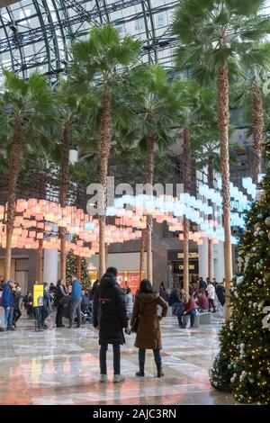 Il giardino d'inverno al posto di Brookfield è arredato per le vacanze con luminari, New York City, Stati Uniti d'America Foto Stock