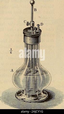 Physiologische Methodik : ein Handbuch der praktischen Physiologie . 1) Wiedemann. Die Lehre vom Galvanismus S. 444. 1872. 2) Petruschefsky. Untersucliuugen über die Eigenschaften des galva-nischen elementi. Bulletin de la classe fisico-matematica^mat. de lacadm. impe-riale des scienc. de St. Petersbourg T. XV, p. 345. 1857. 168 Apparate allgemeiner Anwendung. Da die Anwendung concentrirter Salpetersäure zum Betriebe derBunsensehen Kette wegen der auftretenden salpetrigsauren DämpfeFig. 156. Fig. 155.. Foto Stock