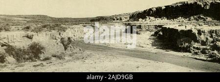 Smithsonian collezioni varie . La piastra superiore 5: Guardando giù Chaco Canyon da Pueblo del Arroyo. La massa irregolare ofPenasco Blanco è visto all'orizzonte al centro a sinistra. A destra un soleggiato scogliera in middledistance segna la bocca del Rincon del Camino; tra di esso e la figura permanente sono pareti thebroken della rovina n. 8. Inferiore: una nuova sezione di caduta della banca immediatamente ad ovest di Pueblo del Arroyo. (Fotografie di O. C. paradisi, 1925). Foto Stock