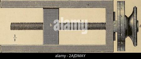 Physiologische Methodik : ein Handbuch der praktischen Physiologie . eterschraubedirigirt, das Mikrometer vorwärts schiebt ^). 4. Die Mikrometerschraube. Mikrometerschrauben nennt man im Allgemeine feine mit nahe stehenden aneinander Windungen versehene Schrauben. Dieselben dieneneinestheils zur feinen Einstellung einer Marke un Messapparaten, wobei 1), Diejenigen welche sich des Weiteren über die verschiedenen Arten derMikrometer unterrichten wollen, finden das Nöthige in Gehlers phjsikalischemWörterbiiche, Artikel Mikrometer, Bd. VI, S. 2154 bis 2187. 1837. Karsten,Einleitung in die Physik Foto Stock