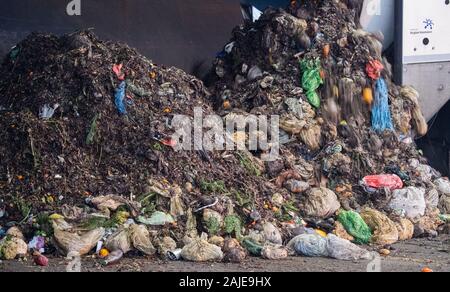 Hannover, Germania. 03 gen, 2020. Un camion della spazzatura da aha da Zweckverband Abfallwirtschaft Regione Hannover scarica i rifiuti organici in una sala presso la discarica Lahe. La Bassa Sassonia è leader in Germania per la raccolta dei rifiuti organici. Nel 2017, ogni abitante mettere una media di 166 chilogrammi di rifiuti biologici nel bidone della spazzatura separatamente dal resto dei rifiuti domestici. A livello nazionale è stata solo di 125 kg. Credito: Julian Stratenschulte/dpa/Alamy Live News Foto Stock