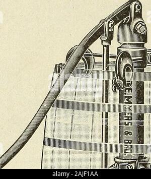 Schultz's semi : 1913 . viti,con cui tutti usura può essere prontamente ripreso. La valvola andseat sono fatte di ottone ordinario, massa in una forma conica. Un altra caratteristica speciale di questa pompa è che rimuovendo twobolts le valvole possono essere prontamente takenout e riparato. Lafascetta camera è fatta   di 2&GT;4-pollice tubo di acciaio. La maniglia in acciaio iswrought con corsa regolabile in modo da consentire di oper-ino per ottenere una pressione di 200 libbre o più se necessario. Itis equipaggiato per due stringhe di tubo flessibile di scarico, ciascuna 15 piedi lungo.il prezzo senza canna, $20.00. No. 306. MYERS canna migliorata pompa a spruzzo. (Fig. 766 ) Foto Stock