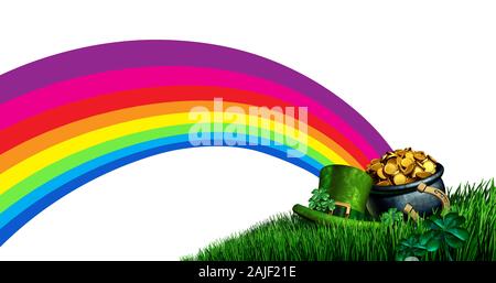 Pentola d'oro rainbow come un fortunato Saint Patrick Day holiday simbolo con foglie di trifoglio e la fortuna del ferro di cavallo irlandese sull'erba. Foto Stock