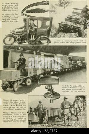 La scienza popolare mensile . U"M recenti miglioramenti in veicoli Motor-Driven a destra: leatherspring - coperchio conun rivestimento in feltro satura-ted con olio Uibri-cati molle un motociclo lim-ousine con itsowner alla porta.perché non constructtaxicabs come questo?. Sopra: Storage-batterytractor disegno-rimorchio camion in un trasporto merci a transferstation. Ogni trattore canhandle almeno 180 tonnellate ofmaterial eaca giorno lavorativo a destra: a quattro ruote driveautomobile proviene da therescue di una fregata vero:in Messico. È tirato itsload attraverso quindici miglia ofadobe fango senza problemi .S.Sil qui sono alcuni più pratiche Foto Stock