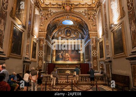L' oratorio con il famoso dipinto di Caravaggio "La decollazione di San Giovanni Battista" a Saint John's Concattedrale a La Valletta, Malta Foto Stock