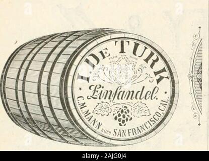 Pacific Vino e spirito di riesame . SAN FRANCISCO. C. M. MANN successore a I. DE TURK mi^incrementali e ^randJQS BRANDY,Porto, Sherry, angelica, MUSCAT TOKAY, Madera, MALAGA. SAUTERNE, Gutedel, Riesling, Borgogna, cabernet, Zinfandel, XX CLARET, vigneti:Sonoma County, Cal. Sede e cantine! 216-218-220 Sacramento e 221 Gommercial Street, San Francisco, Cal Foto Stock