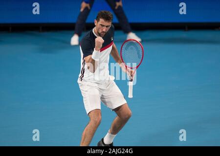 Sydney, Australia. 04 gen, 2020. Marin CILIC di Croazia celebra la vincita di un punto cruciale durante il 2020 Coppa di ATP, Ken ROSEWALL Arena, Sydney, Australia il 4 gennaio 2020. Foto di Peter Dovgan. Credit: UK Sports Pics Ltd/Alamy Live News Foto Stock