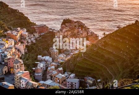 Manarola, Cinque Terre, Liguria, Italia: villaggio tradizionale, tipiche case colorate, Presepi Presepe (). Sito UNESCO Foto Stock