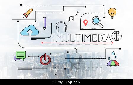 Contenuti multimediali lineare di disegno sullo sfondo del paesaggio urbano moderno. Strategia di pianificazione e analisi. Mappa Mentale di streaming multimediale online e produzione. Foto Stock
