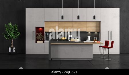 Calcestruzzo minimalista e cucina in legno in una camera nera - il rendering 3D Foto Stock