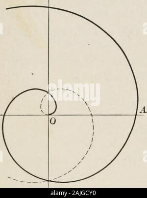 Piano e solido di geometria analitica; un elementare textbook . ut un punto fisso e, allo stesso tempo, ri-cede da o si avvicina a questo punto secondo la legge somedefinite, è chiamato a spirale. Il punto fisso è chiamato 206 Geometria analitica [Ch. XV, § 110 al centro, e la curva tracciata audace revolutionis chiamato una guglia. Se uno qualsiasi dei due raggi vectores hanno lo stesso rapporto come theangles fanno con la linea iniziale, l'equazione della spirale è evidentemente p = kO. La forma del curveis mostrato in Fig. 108. La linea tratteggiata indica la porzione del locus bygiving ottenuto 0 valori negativi. Lasciare Foto Stock