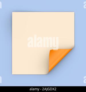 Un foglio quadrato di carta con un angolo arricciato di colore giallo su sfondo blu. 3D render. Foto Stock