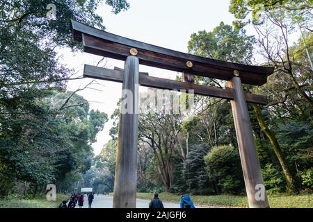 TOKYO, Giappone - 7 febbraio 2019: folle da torii gate del Tempio di Meiji in Shibuya, Tokyo. Il santuario è ufficialmente designato Kanpei-taisha il primo ra Foto Stock