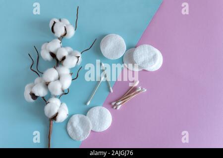 Bastoncini di cotone e le piazzole con soffice cotone fiori su sfondo rosa vista dall'alto. Lay piatto. Copia dello spazio per il tuo testo. Foto Stock