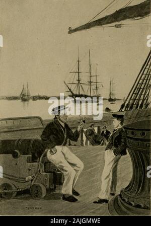 Il guardiamarina Farragut . La guerra. In ritardo nel mese di giugno un piccolo squadrone ofAmerican navi da guerra a laici di ancoraggio per il harborof New York-il Presidente, a quaranta quattro-gun frig-ate ; l'Essex, trenta-due pistole ; e la Hornet ofeighteen. Il guardiamarina Farragut avevano ancora una volta unita la sua nave,e su questa linea giugno giorno stava guardando fuori attraversoil passerella presso la trafficata spedizione e guardare le barche theshore inversione di marcia avanti e indietro. L'aria wasfilled con uno scricchiolio di blocco e affrontare. Davide aveva fatto grandi amici con Kingsbury, theboatswains mate. Egli era fuori servizio, e lui noticedthat il vecchio marinaio fu Foto Stock