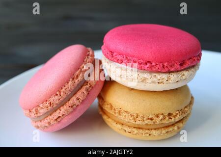 Bellissimi colori pastello Macaron pasticceria isolati su piastra bianca Foto Stock