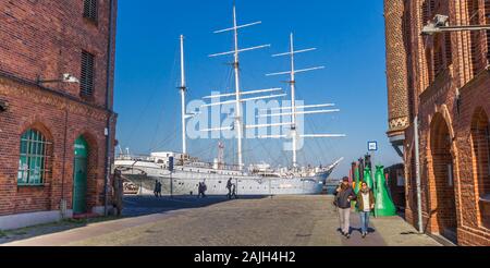 Panorama della Gorch Fock nave a vela in Stralsund, Germania Foto Stock