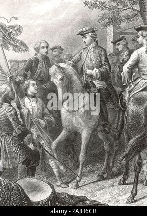 Battaglia di FONTENOY 11 maggio 1745. Marshal Maurice de Saxe presenta un catturato British colore al Louis XV Foto Stock