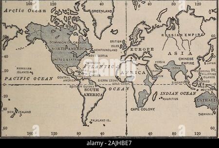 Un moderno grammatica inglese rivisto, con esercizi pratici . Mappa che mostra i primi HOME INGLESE. Ogni traccia è stata persa. Gli angoli e il Saxonsdrove gli abitanti originali-i britannici-posizionedi parti montuose dell'isola e nel tempo courseof fondò la razza anglosassone. Essi calledtheir nuovo paese Angleland, o Inghilterra;se stessi e la loro lingua hanno chiamato inglese/il modo meraviglioso in cui l'inglese-lan guage si è diffusa in tutto il mondo è rappresentato dall'introduzione 3 mappe di accompagnamento. La mappa precedente mostrale precoce della casa inglese, quando era un meredialect di tedesco, sp Foto Stock