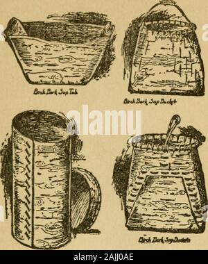 Il libro di campeggio e woodcraft; una guida per chi è in viaggio nel deserto . Fig. 17. poi ripiegate in diversi giri di sovrapposizione, gatheredup alquanto in forma di canoe di prua e di poppa,e legato con le cinghie di corteccia. Per rendere un bilanciere: takea biforcato bastone di legno verde, riscaldare la forcella, piegare andbind in forma di prua, e cucire una corteccia ciotola con AXMANSHIP S69. (Bs^io^ Fio. 18. Foto Stock