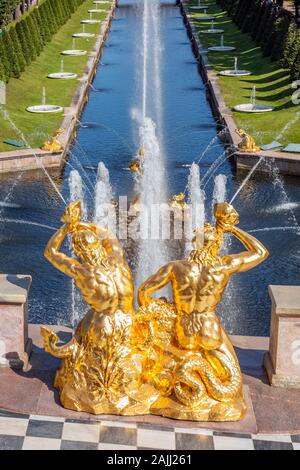Grand cascata in Pertergof, St-Petersburg. La più grande fontana ensemble nel mondo, più di 60 fontane d'acqua. Obiettivo grandangolare e exposit lungo Foto Stock