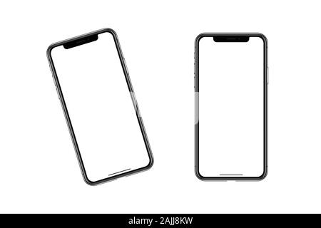 Il modello di contorno di uno smartphone alla moda con una schermata vuota su un fondo bianco per la vostra pubblicità, testo, riempimento, applicazioni o mano azienda Foto Stock