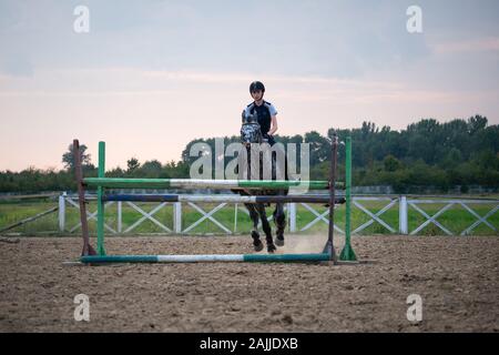 Super slow motion di una donna jockey salta sopra gli ostacoli su un cavallo. Foto Stock