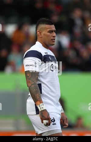 4.1.2020 Leicester, Inghilterra. Rugby Union. Nathan Hughes in azione per Bristol porta durante la Premiership Gallagher round 8 partita giocata tra Leicester Tigers e Bristol porta al Welford Road Stadium, Leicester. © Phil Hutchinson/Alamy Live News Foto Stock