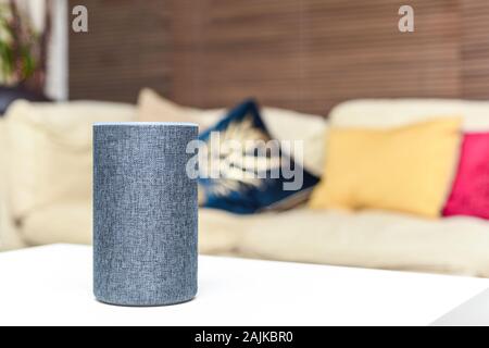 Smart speaker in casa moderna voce interiore controllato abilitato internet dispositivo per ascoltare musica e altro ancora Foto Stock