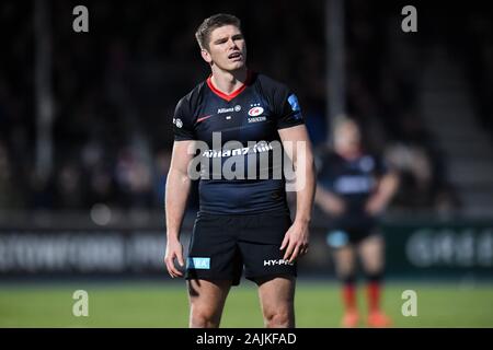 Londra, Regno Unito. 04th, 2020 gen. Owen Farrell dei Saraceni prende una conversione kick durante la Premiership Gallagher partita di rugby tra Saraceni vs Worcester Warriors R11 al Parco di Allianz il Sabato, 04 gennaio 2020. Londra Inghilterra . (Solo uso editoriale, è richiesta una licenza per uso commerciale. Nessun uso in scommesse, giochi o un singolo giocatore/club/league pubblicazioni.) Credito: Taka G Wu/Alamy Live News Foto Stock